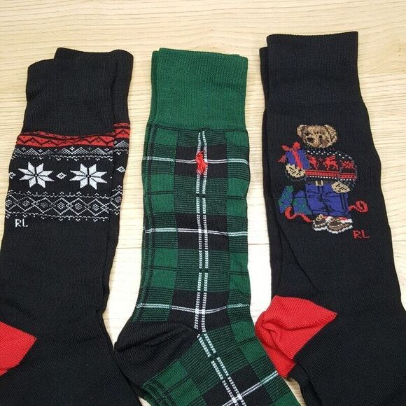 POLO RALPH LAUREN Crew Socks Mens 10-13 Black Fair Isle Tartan Plaid Bear Logo - Picture 2 of 7